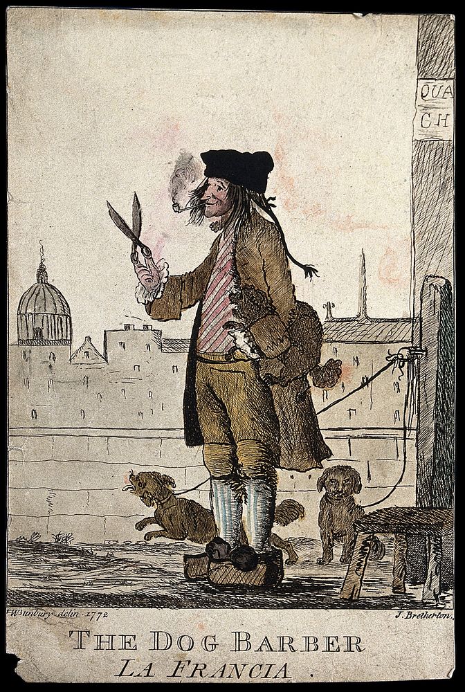 A dog barber holding a large pair of shears in one hand, a poodle under his arm, standing on a quai in Paris. Coloured…