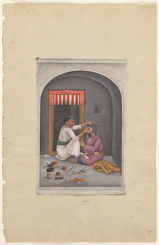 An eye-surgeon operating on a man. Gouache painting by an Indian artist, ca. 1825.