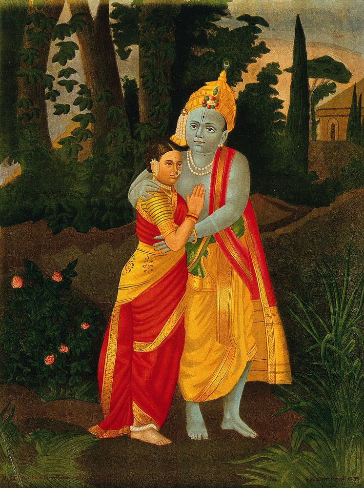 Krishna embracing Radha. Chromolithograph.