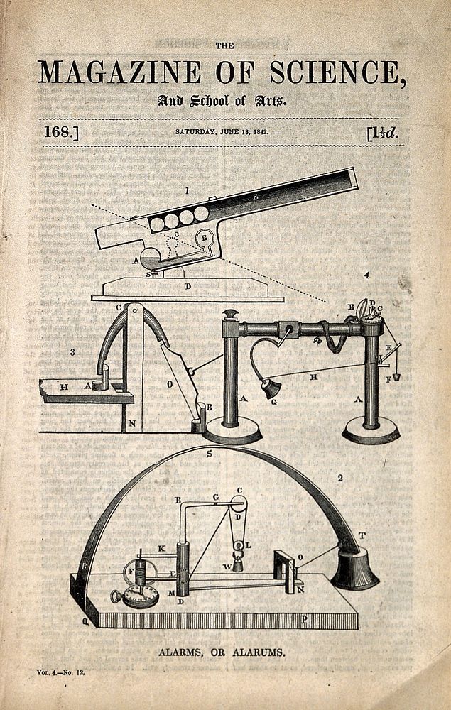Science: a trio of alarm mechanisms. Wood engraving, 1842.
