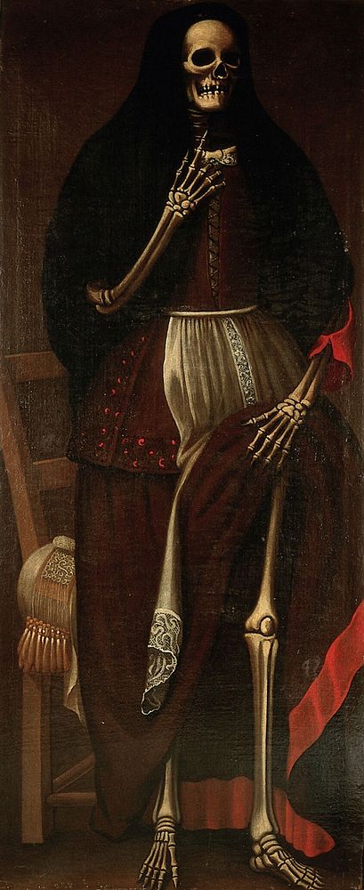 A skeleton as a woman wearing a brown and red dress and a black headdress. Oil painting, ca. 1680.