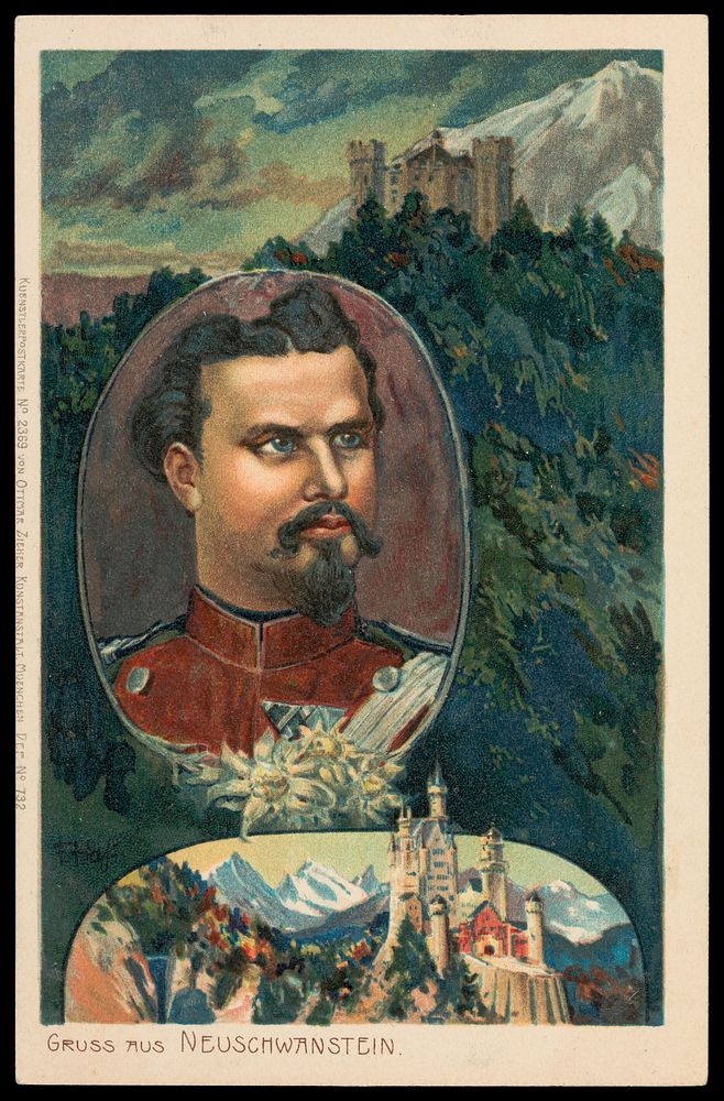 King Ludwig II of Bavaria and Neuschwanstein castle. Colour process print, 190-.