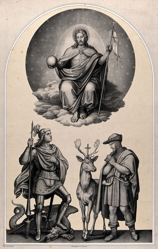 Saint George and Saint Hubert of Tongres. Lithograph by J.G. Schreiner.