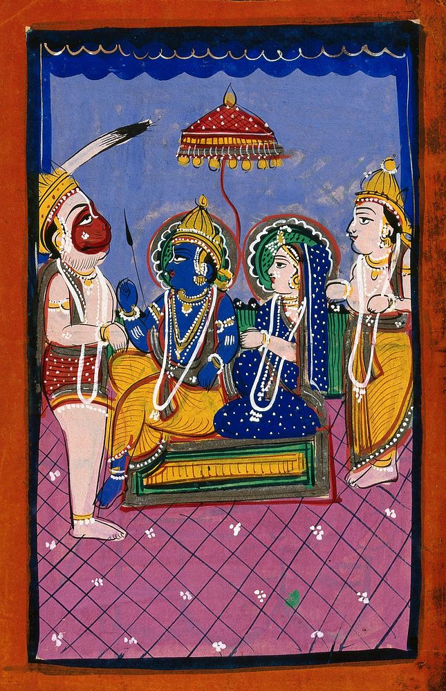 Hanuman before Rama and Sita and attendant. Gouache drawing.