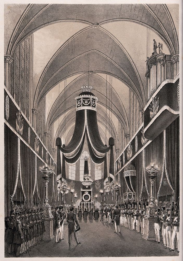 The funeral service of the Duke of Orleans at Dreux prior to his burial, 1842. Lithograph by Grenier de Saint Martin and I…
