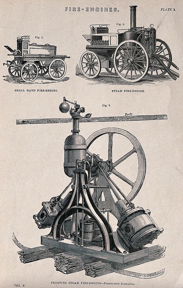 Fire-engines. Engraving.