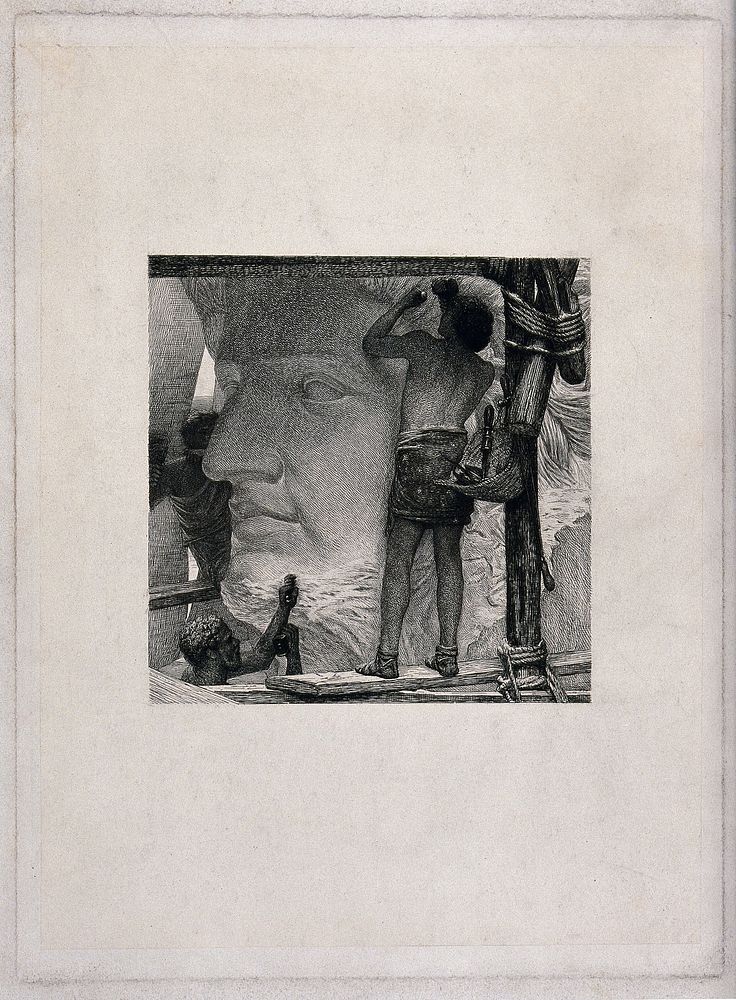 Two men are using hammers and chisels to sculpt the face of a statue. Etching after L. Alma-Tadema.