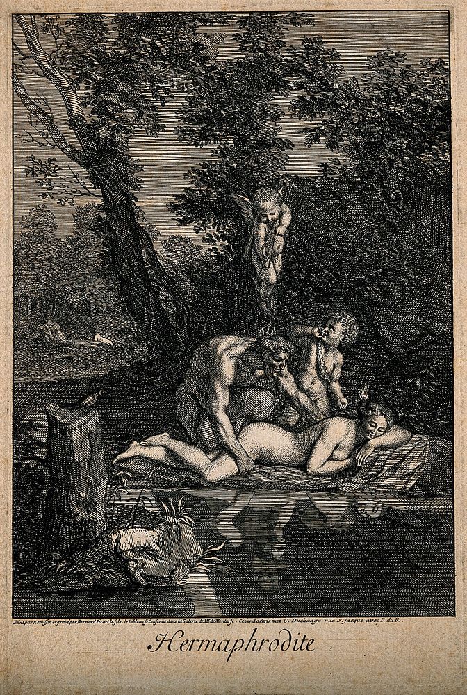 Hermaphroditus asleep by a woodland lake, admired by a satyr with Cupid above. Engraving by B. Picart, 1693, after N.…