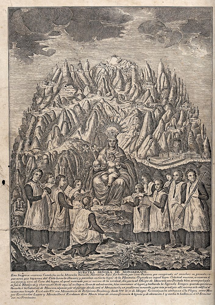 The Virgin of Montserrat being venerated by clerics, with a view of Montserrat. Etching.