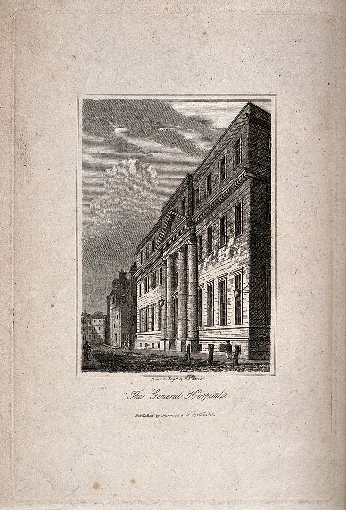General Hospital, Bath, England. Etching by H.S. Storer after himself, 1819.
