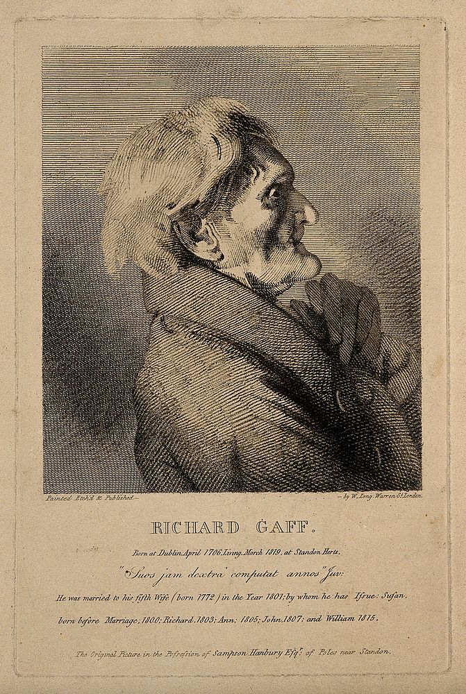 Richard Gaff, a very old man. Etching by W. Long after himself.