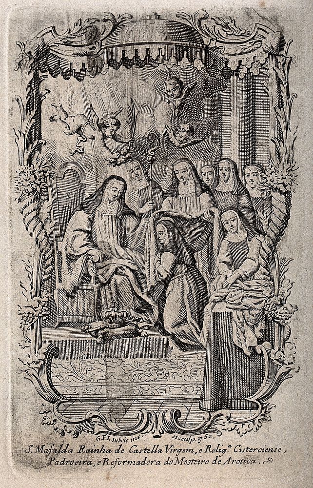 The Blessed Mafalda, Queen of Castile, enthroned and surrounded by other Cistercian nuns. Engraving by G.F.L. Debrie, 1750.