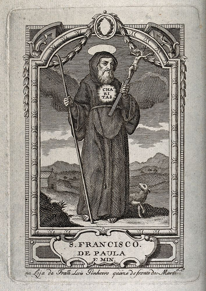 Saint Francis of Paula holding a crook and and a cross, walking along a path with a lamb. Etching, 1700/1780.