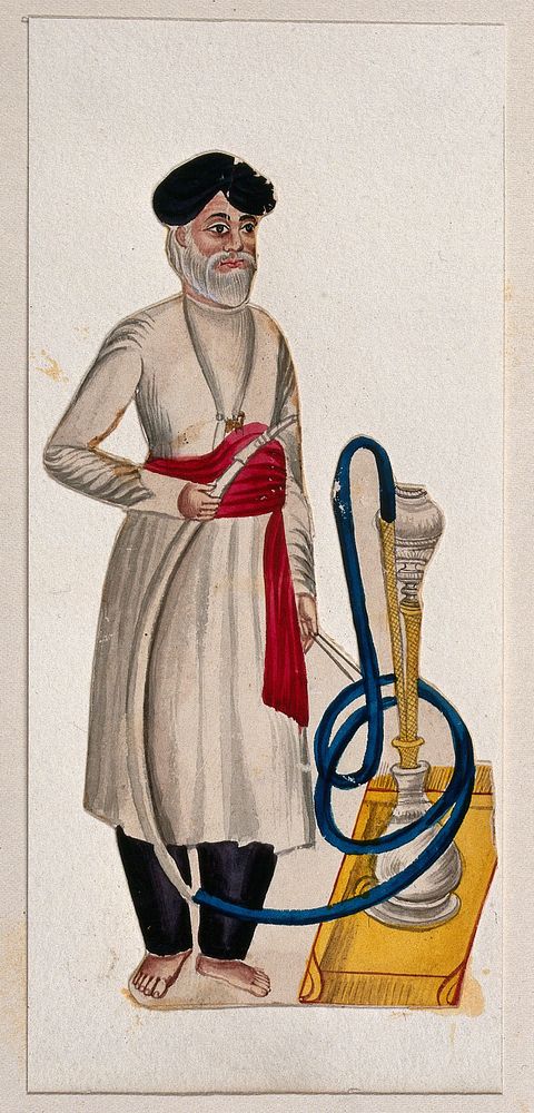 An attendant standing with a hookah (smoking pipe). Gouache painting by an Indian painter.