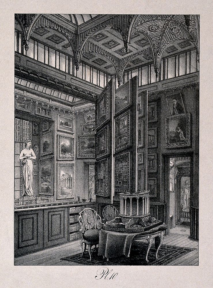 Sir John Soane's House and Museum: the picture gallery at ground floor level, showing the folding screens. Lithograph, 1830.