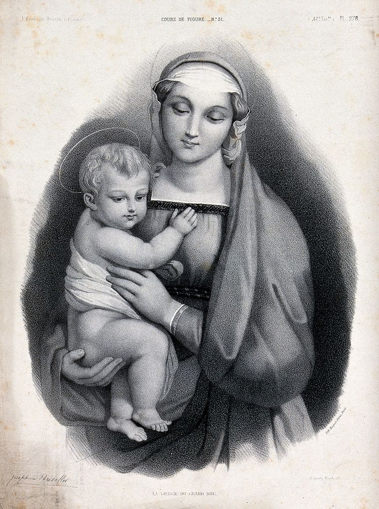 Saint Mary (the Blessed Virgin) with the Christ Child. Lithograph by J. Ducollet, 1855, after Raphael.