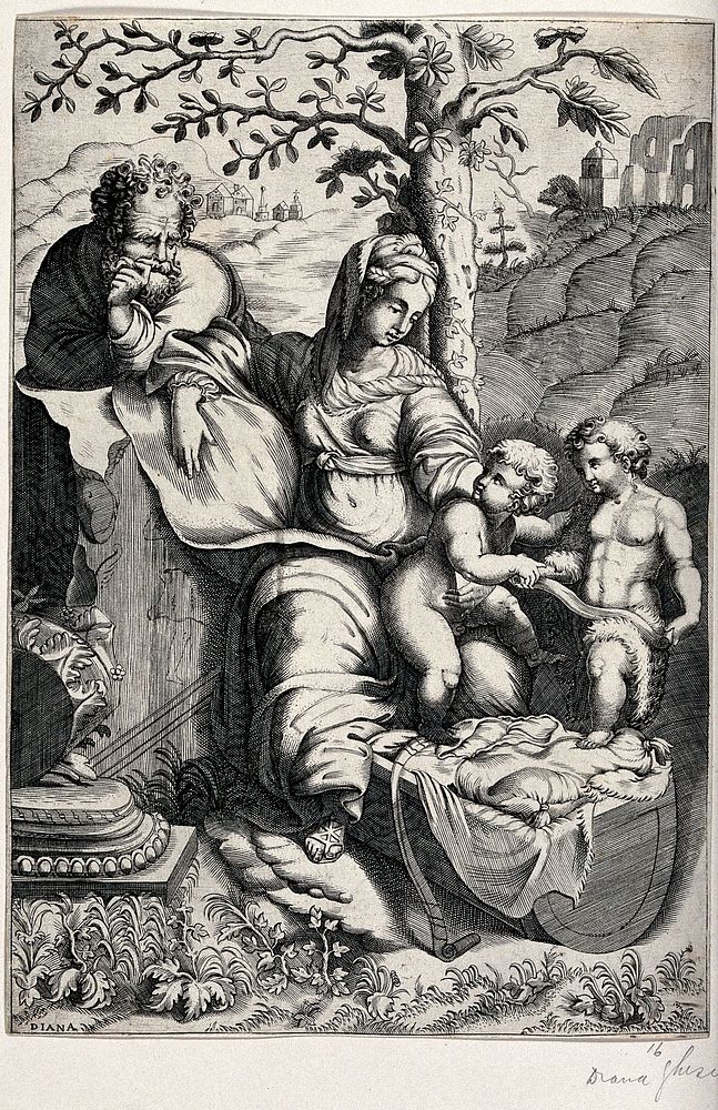The Holy Family resting on the flight into Egypt: Saint John the Baptist offers a scroll to the Christ Child. Engraving by…