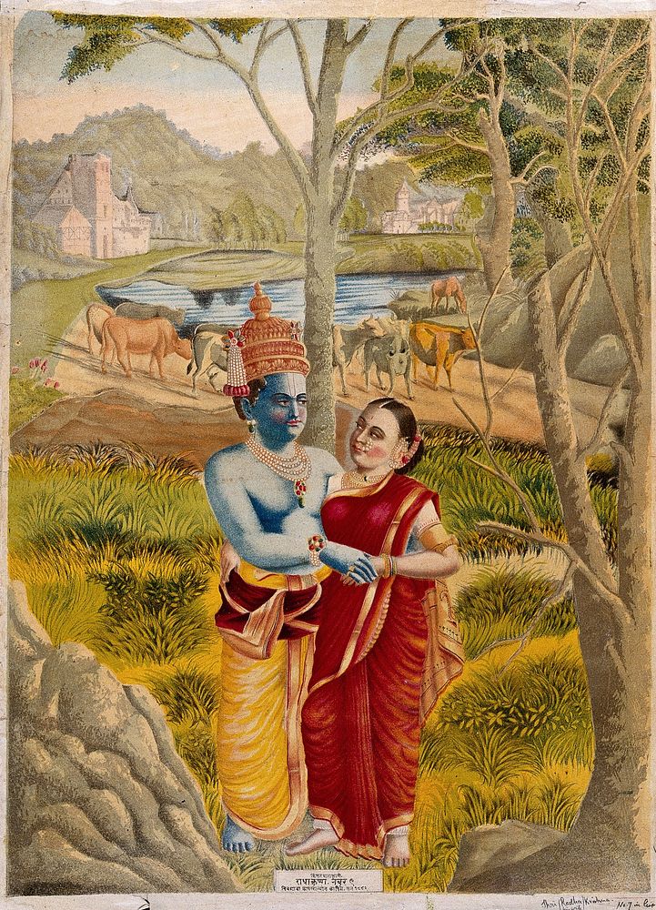 Rādhā and Krishna embrace in the countryside. Chromolithograph, 1882.