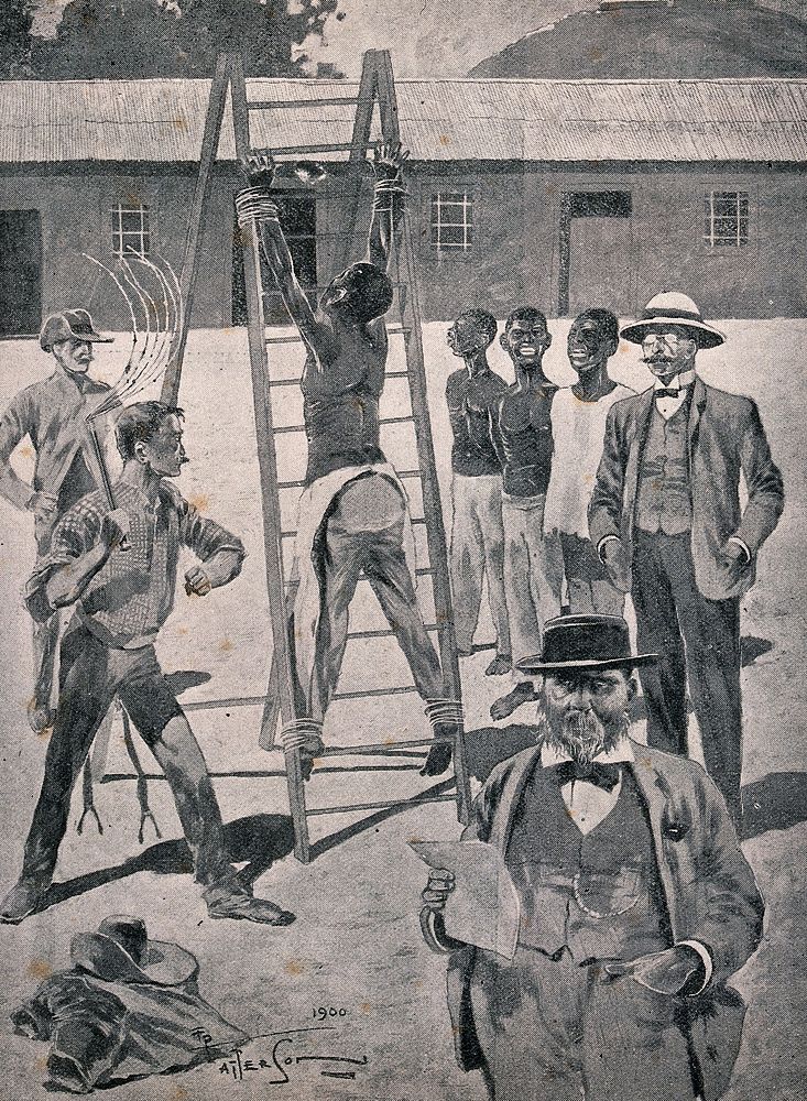An African man is punished by Boers: he is tied by his wrists and ankles to a ladder and flogged with a cat-o'nine-tails.…