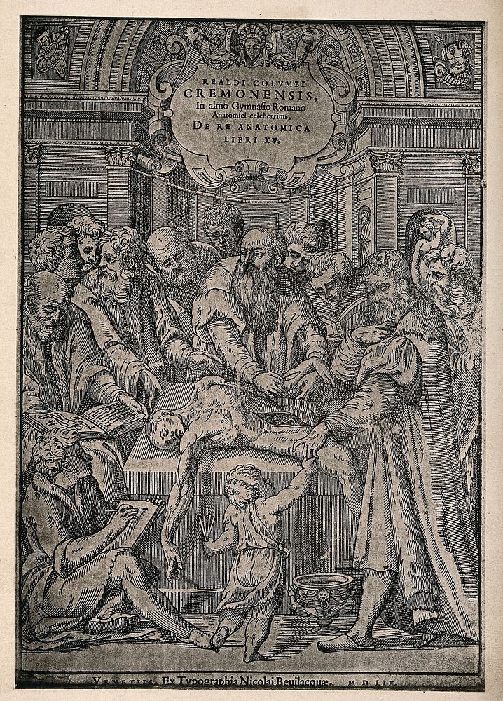 An anatomical dissection by Realdus Colombus, attended by onlookers. Collotype after a woodcut, 1559.