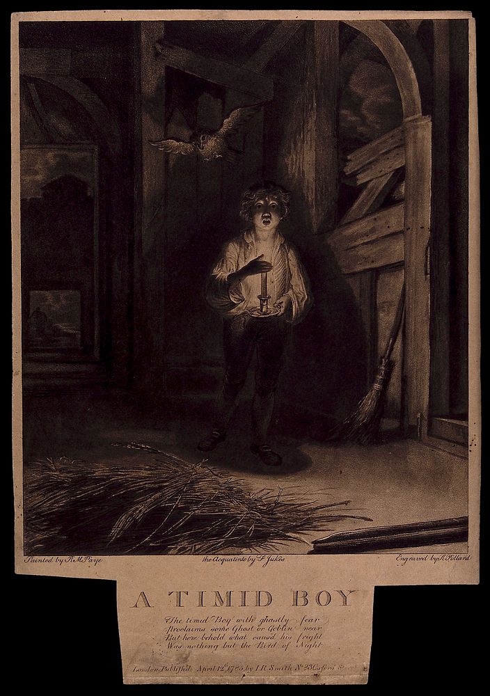A boy entering a darkened barn, frightened by what he fears is a ghost but is an owl. Etching by R. Pollard and aquatint by…
