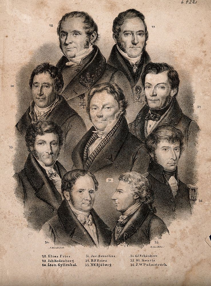 Nine famous Swedish doctors, numbered with a key from 28-36. Lithograph by A. Hardh.