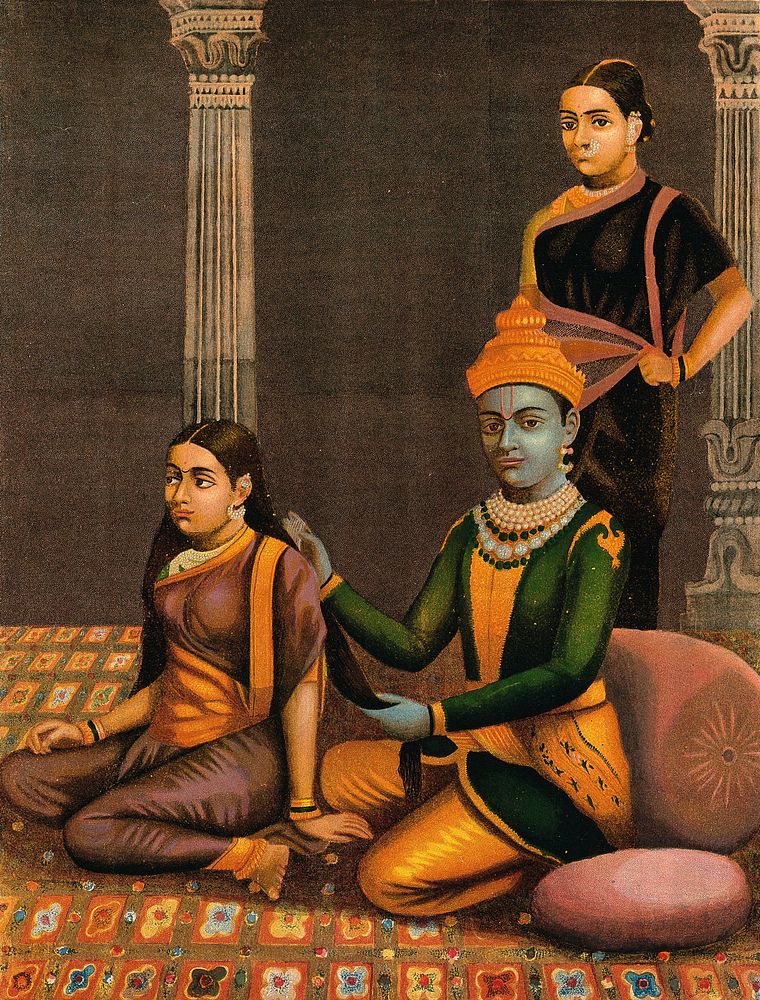 Krishna combing Radha's hair with attendant in the background. Chromolithograph.