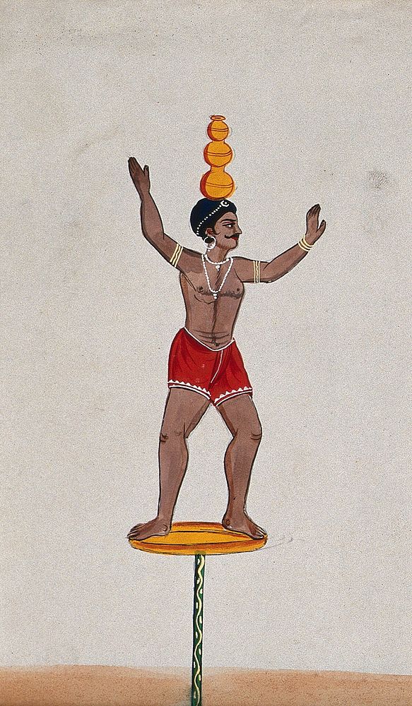 A street performer standing on a disc balancing three pots on his head. Watercolour by an Indian artist.