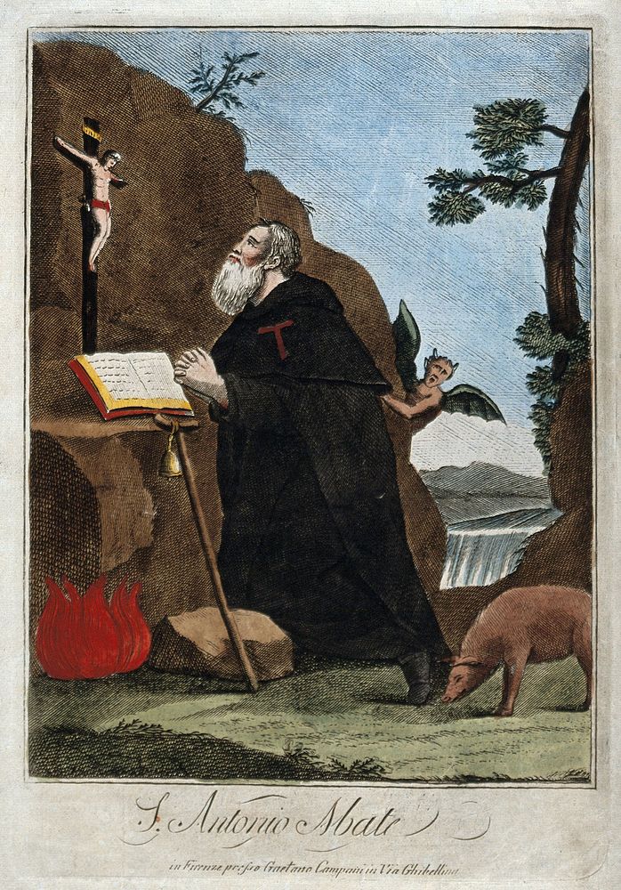 Saint Antony Abbot. Coloured engraving.