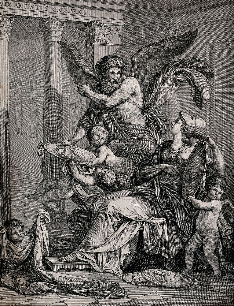 An allegory celebrating Dutch painters. Engraving by J.A. Pierron after P. Peyron.