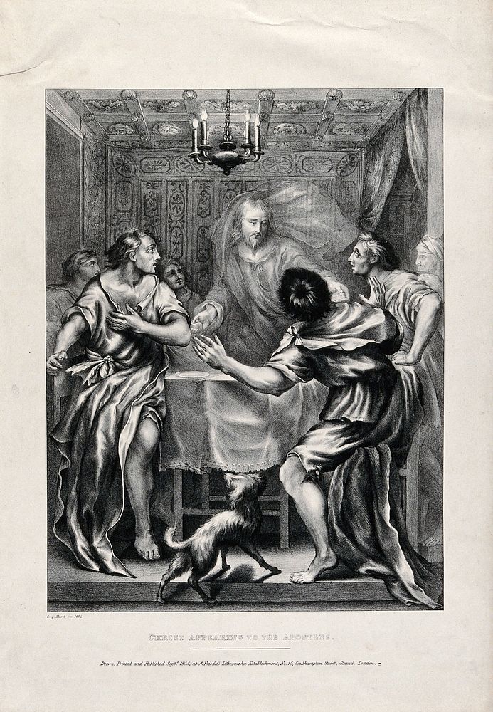 The risen Christ appears as a ghost to the apostles. Lithograph, 1835, after G. Huret, 1664.
