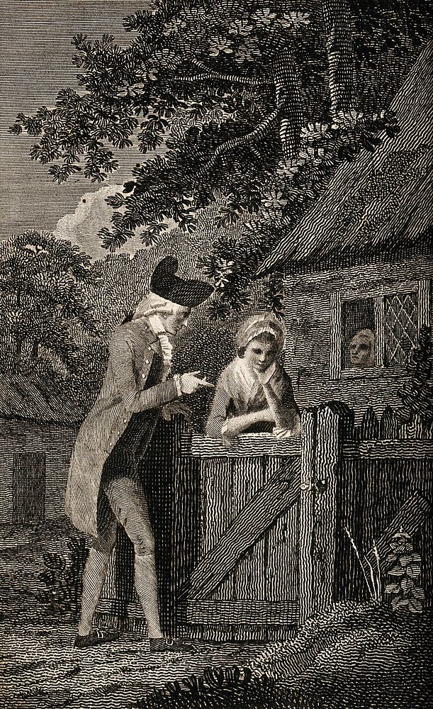 A girl leans on a garden gate while a young man talks to her and someone watches from the window. Engraving.
