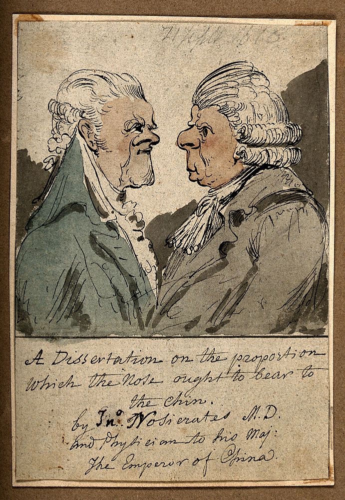 Two men, one with an exaggerated chin, the other with a large nose. Coloured pen drawing attributed to G.M. Woodward.