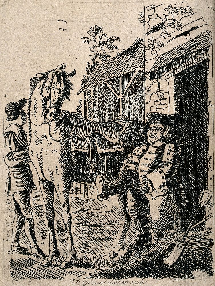 A man is pulling on a pair of riding boots at which the horse looks quizzically at him. Etching by F. Grose.