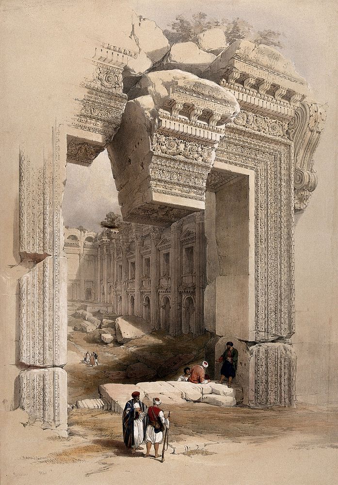 Carved stone doorway at Baalbec. Coloured lithograph by Louis Haghe after David Roberts, 1843.