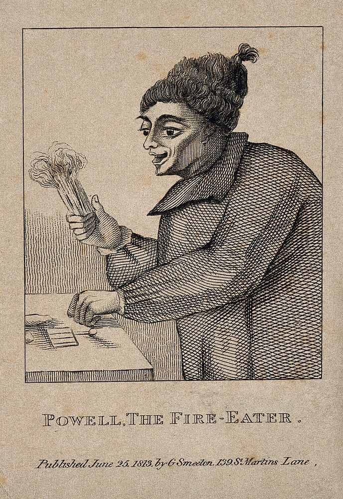 Robert Powell, a fire-eater. Engraving, 1813.