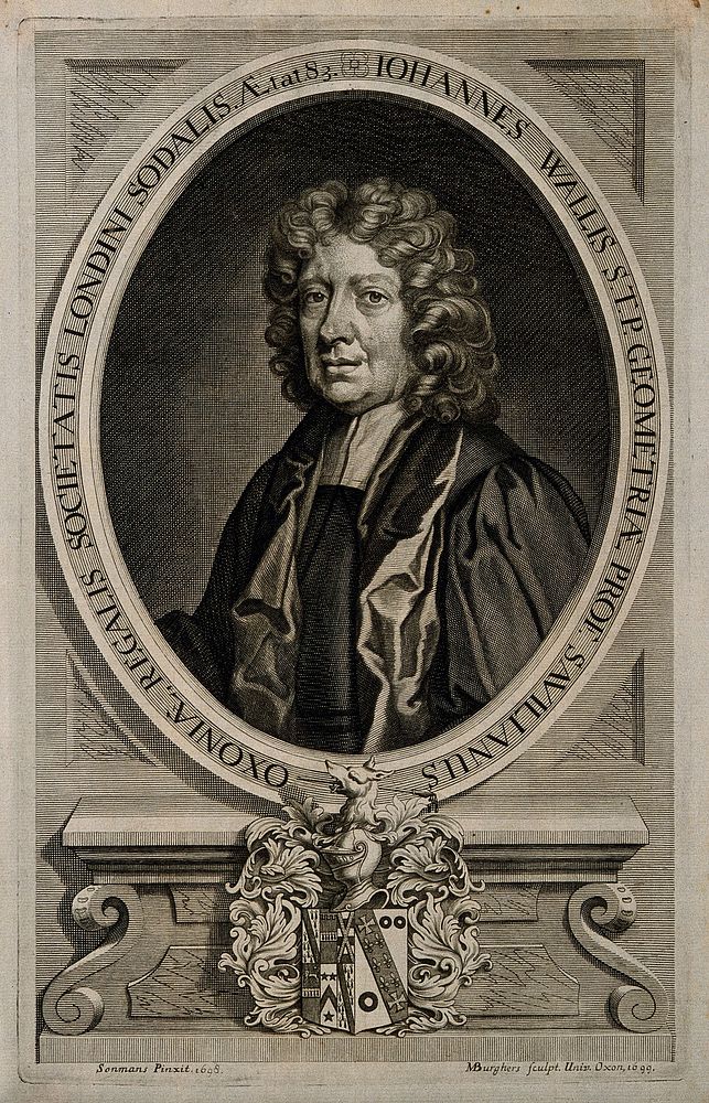 John Wallis. Line engraving by M. Burghers, 1699, after W. Sonmans, 1698.