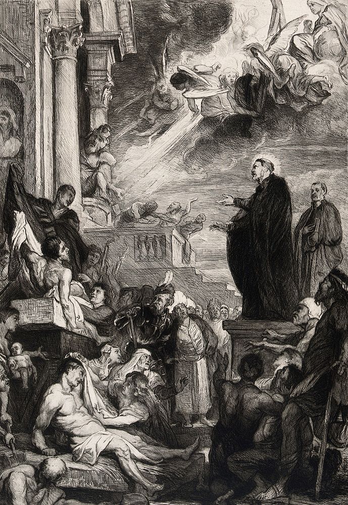 Saint Francis Xavier performing miracles in Asia: he heals and revives people. Etching by W. Unger after P.P. Rubens.