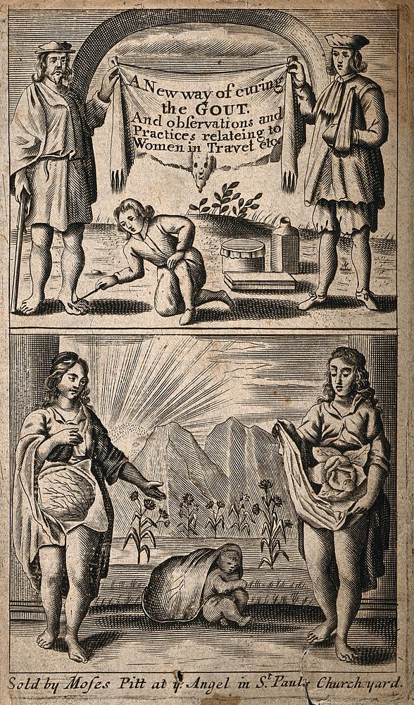 Above, treatment of gout, below, obstetrics. Engraving.