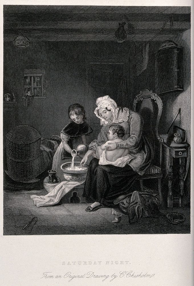A woman prepares to bathe a baby aided by an older girl who pours water into a bowl. Engraving after A. Chisholm.