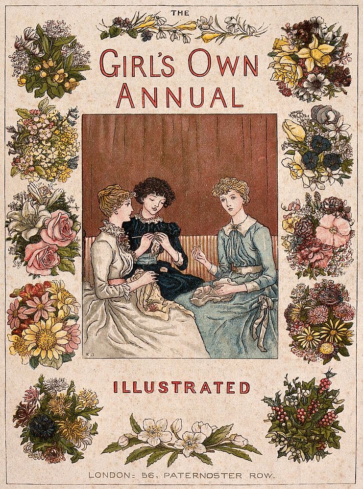 Three girls sit on a sofa with sewing and knitting needles in their hands. Colour wood engraving attributed to E. Evans…