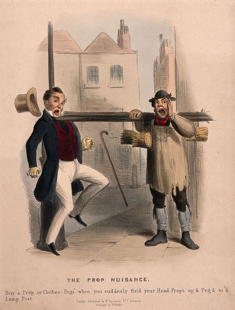 A man is pinned against a lamp post by the clothes-props that a street trader is selling. Coloured lithograph, ca.1840 .