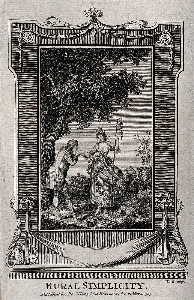 A young man pays court to a young shepherdess. Engraving by West.