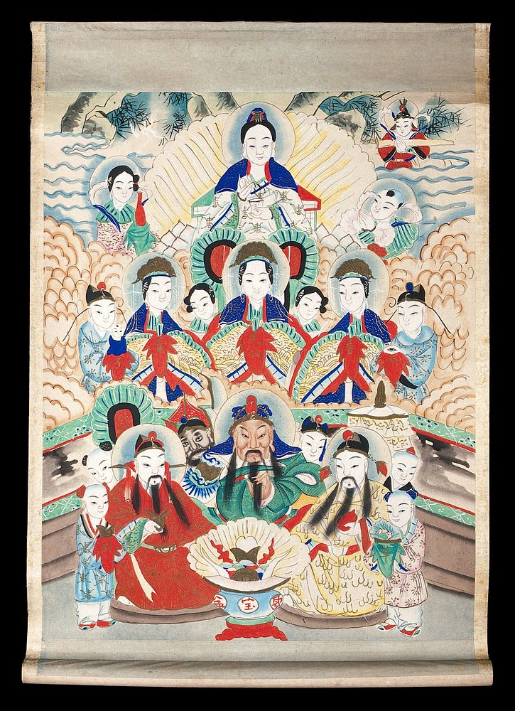 Chinese deities . Gouache painting by a Chinese painter.