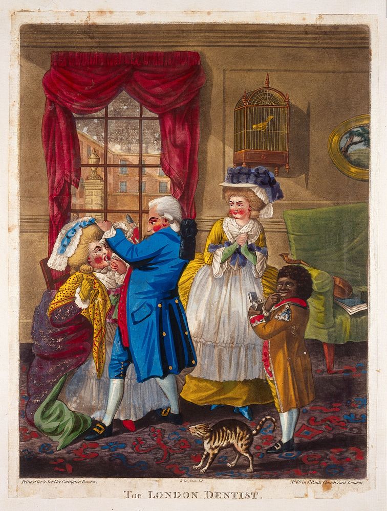 A London dentist extracting a tooth from a woman's mouth; her female companion and the dentist's black servant-boy are…