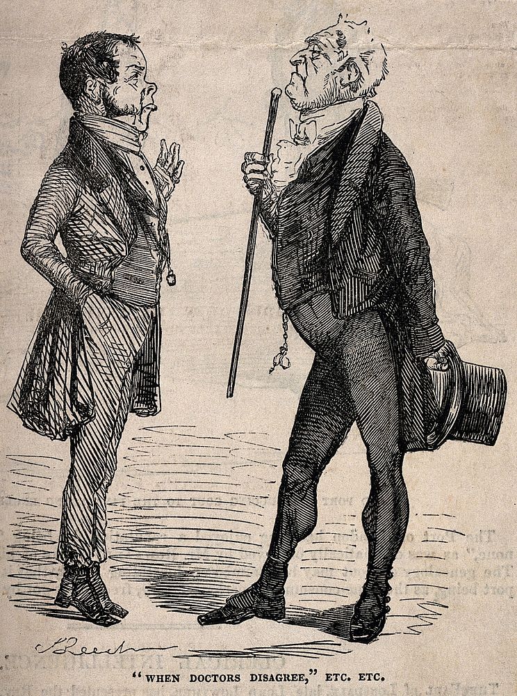 Two doctors aloof from one another in disagreement. Wood engraving after J. Leech.