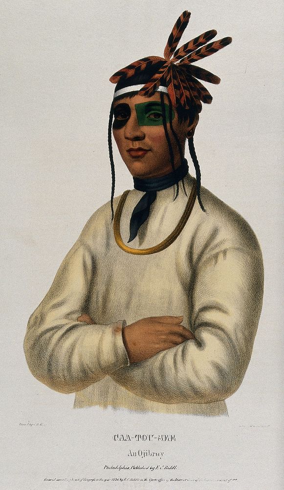 Caa-Tou-See, an Ojibwa chief, standing with arms crossed. Coloured lithograph by Lehman & Duval after C.B. King, 1836.