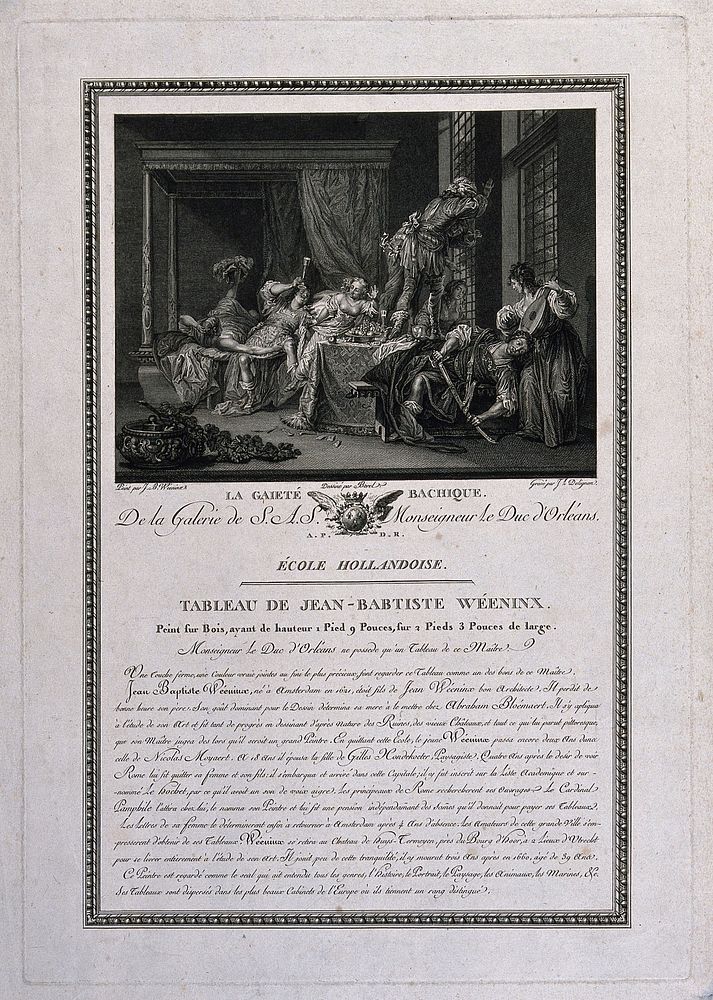 Men and women carousing in a stately bedroom, with accompanying text on the artist. Engraving by J. L. Delignon, late 18th…