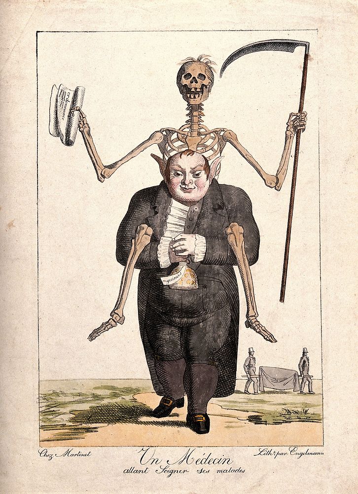A doctor, straddled by a skeleton, holds a full purse in his hands; signifying that he lives well off others' deaths.…