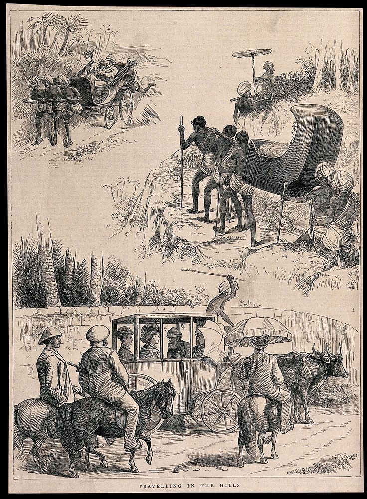 European men and women being transported by Indian men, in a coach drawn by oxen, in sedan chairs, and in a carriage pulled…